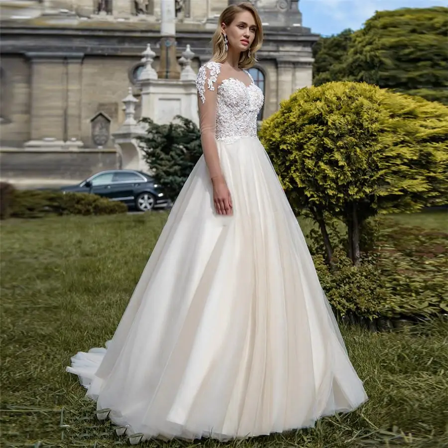 

Long Sleeves Appliques Lace A-Line Wedding Dresses 2022 Modest Bandage Lace Up Back Bridal Gowns Custom Online Robe De Mariee