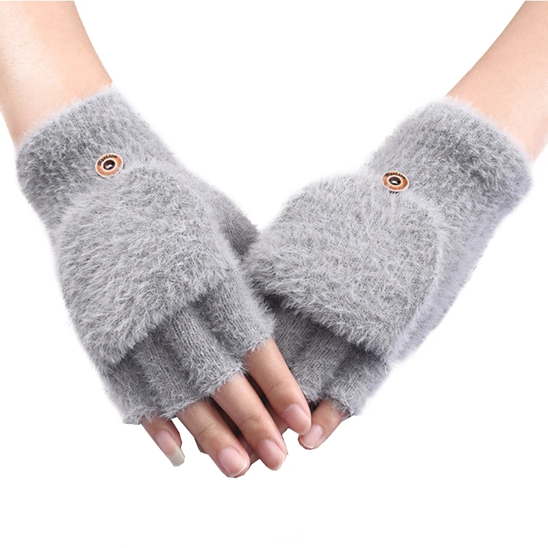

Winter Warm Half Finger Gloves Fluffy Plush Women Men Fingerless Flip Gloves Couple Knitting Mittens Cycling Driving Gloves