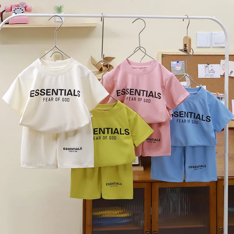

Korea Kids Summer Boys Girls Clothing Sets Waffle Letter T-Shirts Shorts 2Pcs Suit Kids Girls Clothes Children's Casual Outfit