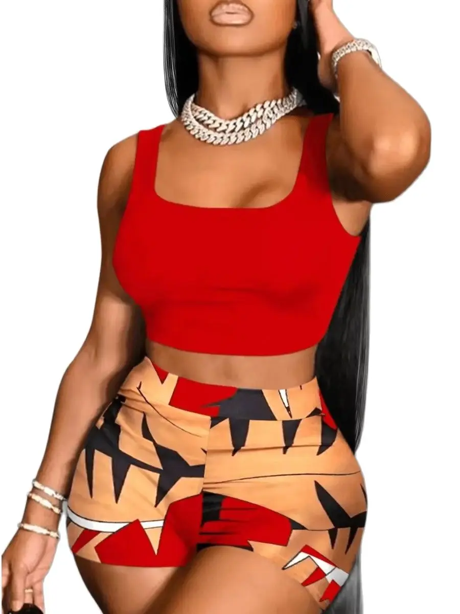 LW Plus Size summer 2pcs set Crop Top Geometric Print Patchwork Shorts Set 2023 Summer T Shirt Two Piece Set And Shorts Suits