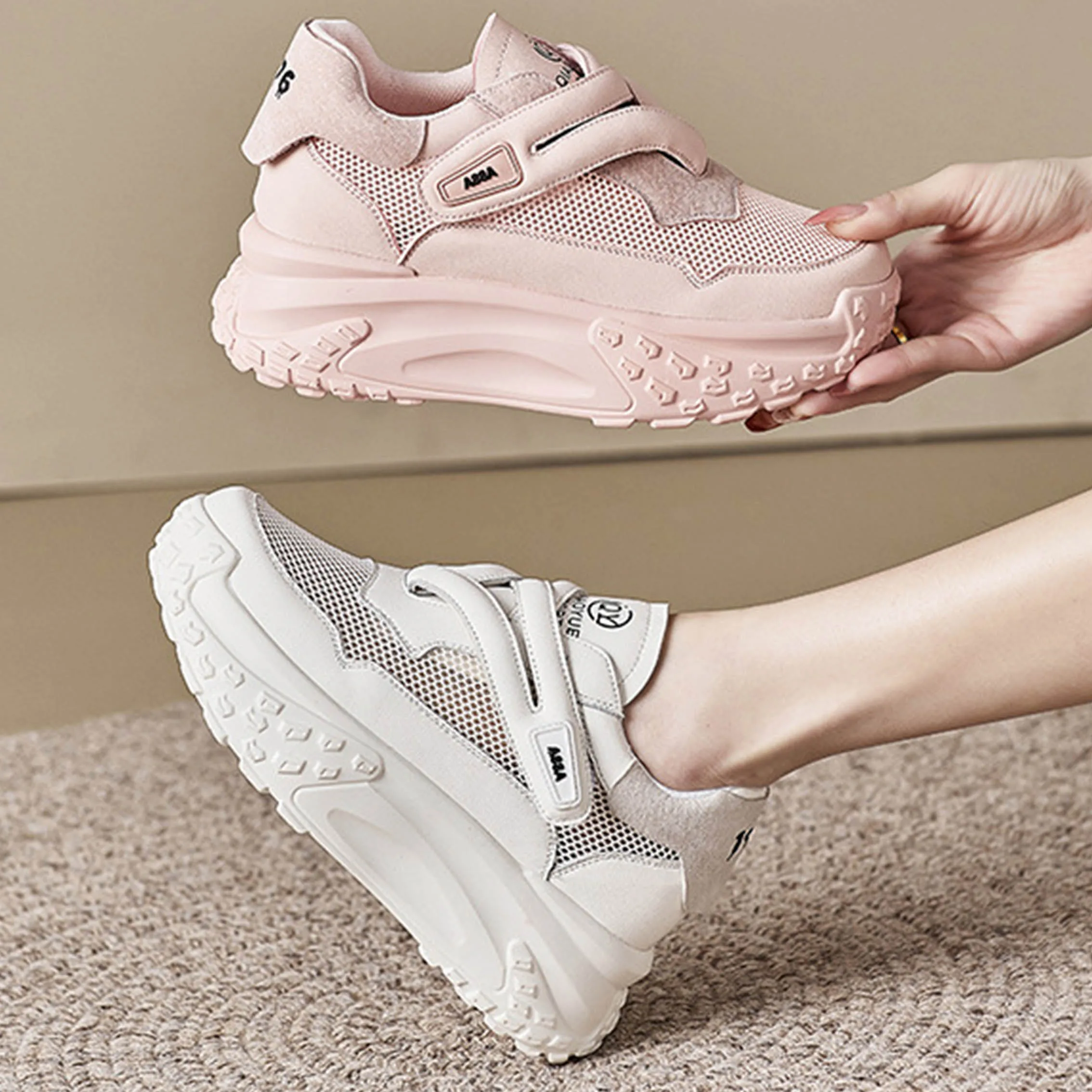 2023 Hook&Loop Mesh New Genuine Leather Comfy High Brand Breathable Shoes Chunky Sneaker Summer Platform Women Wedge Shoes