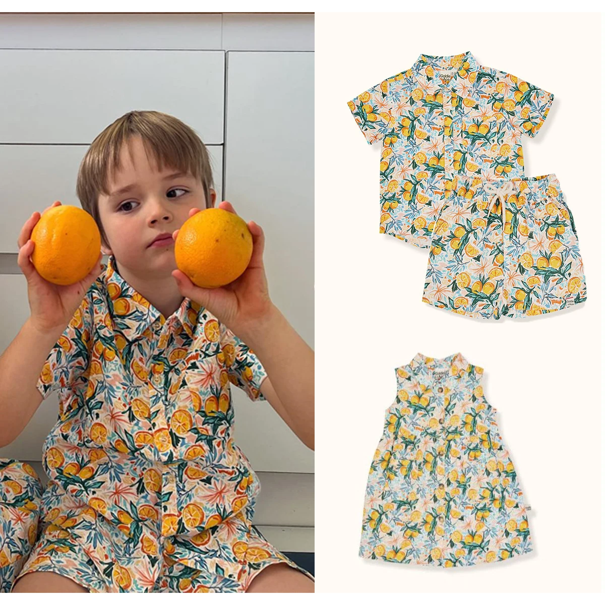 

Kids Summer Shirts Shorts Dresses 2023 New Brand Holiday Style Boy Kumquat Printing Sets Girl Cotton Dresses for Summer Clothing