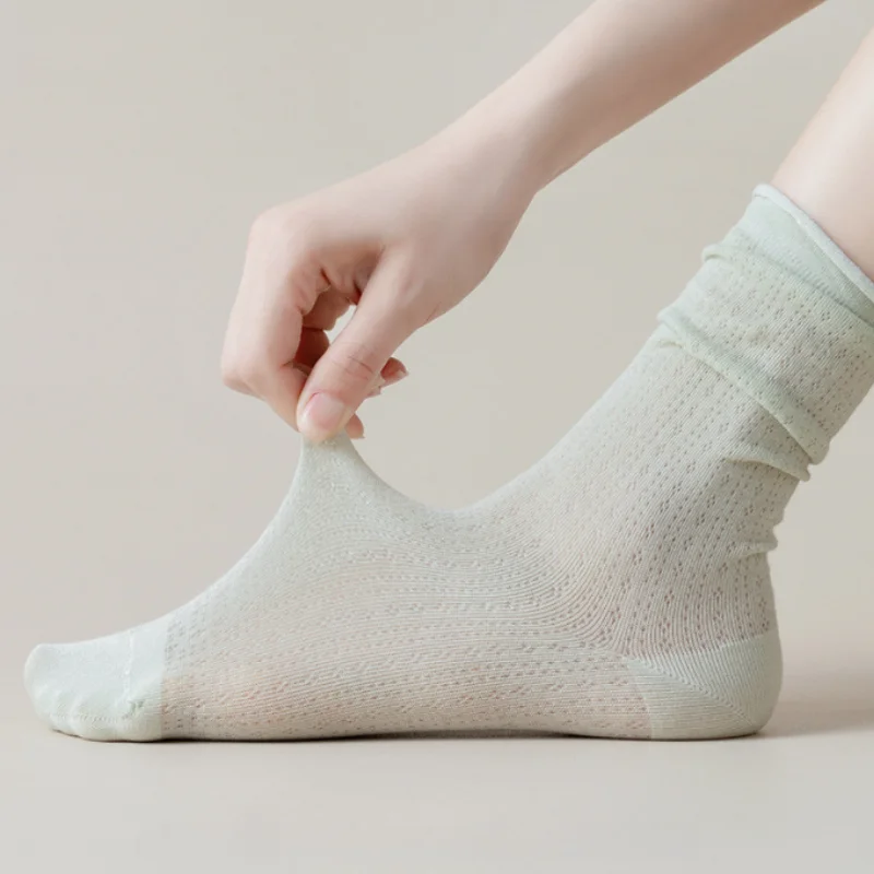 5 Pairs Summer Women Cotton Socks Middle Tube Mesh Solid Color Breathable Spring Loose Long Socks Thin Soft Ruffle Casual Sock