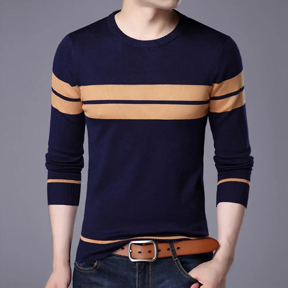 

Pullover Sweater Slim Fit Breathable Coldproof Autumn Striped Patchwork Color Pullover Knitwear Men Knitwear for Outdoor