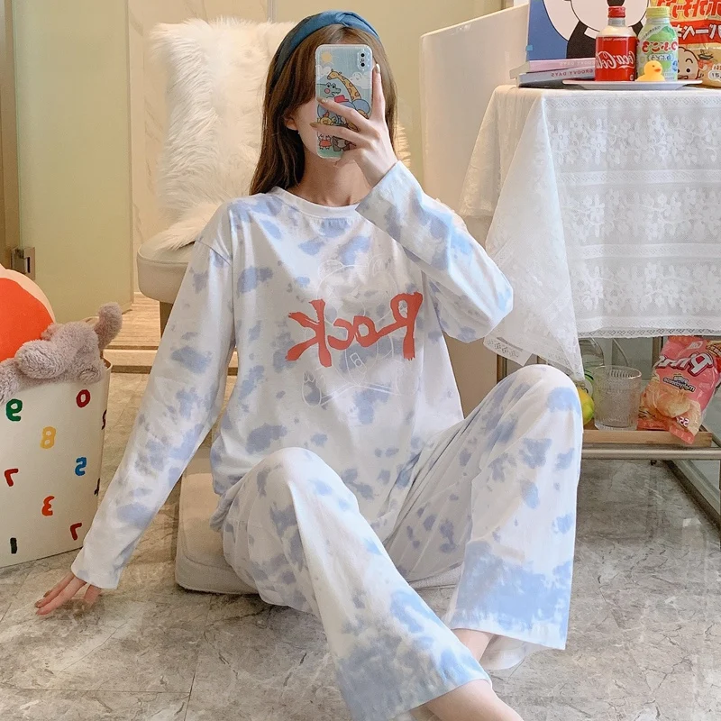 

2022 Autumn Cotton Print Long Sleeve Pajama Sets for Women Korean Loose Sleepwear Suit Pyjama Homewear Pijama Mujer Home Clothes