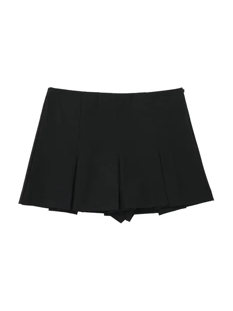 TRAF Women Fashion with Pleated Shorts Skirts Vintage High Waist Side Zipper Female Skort Mujer Casual Clothes New Kawaii Skirt