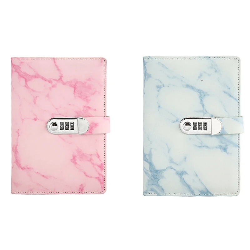 

2 Pcs A5 Marble Texture Journal Writing Notebooks With Combination Lock Personal Office Notepad Agenda - Pink & Blue