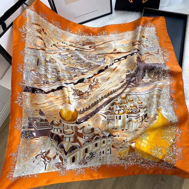 

Scarf for Women 100% Mulberry Silk Chinese Painting Castle Design Silk Scarf 90*90cm Sun Protection Shawl Hijab Fashion Headband