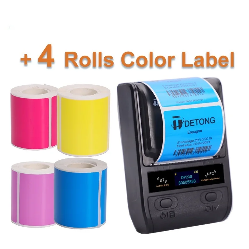 

DETONGER Mini 58mm Portable Thermal Printer Plus 4 Rolls Color Sticker Bluetooth Barcode Label Maker DP23S
