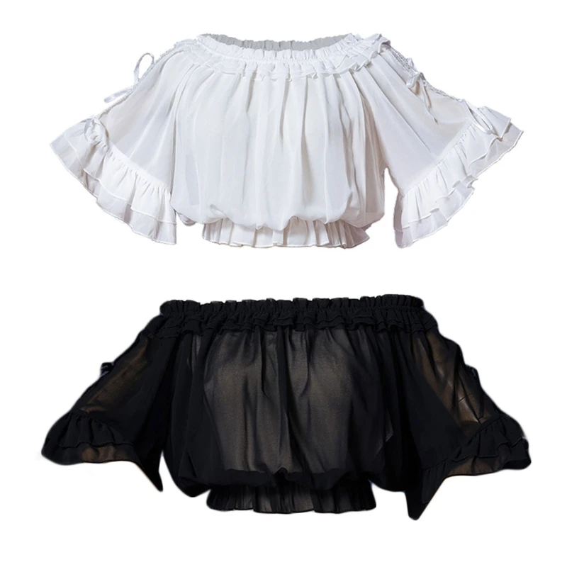 

Women Victorian Lolita Chiffon Crop Top Flared Half Sleeve Lace Blouse Frilly Ruffled Pleated Loose Bottoming Shirts