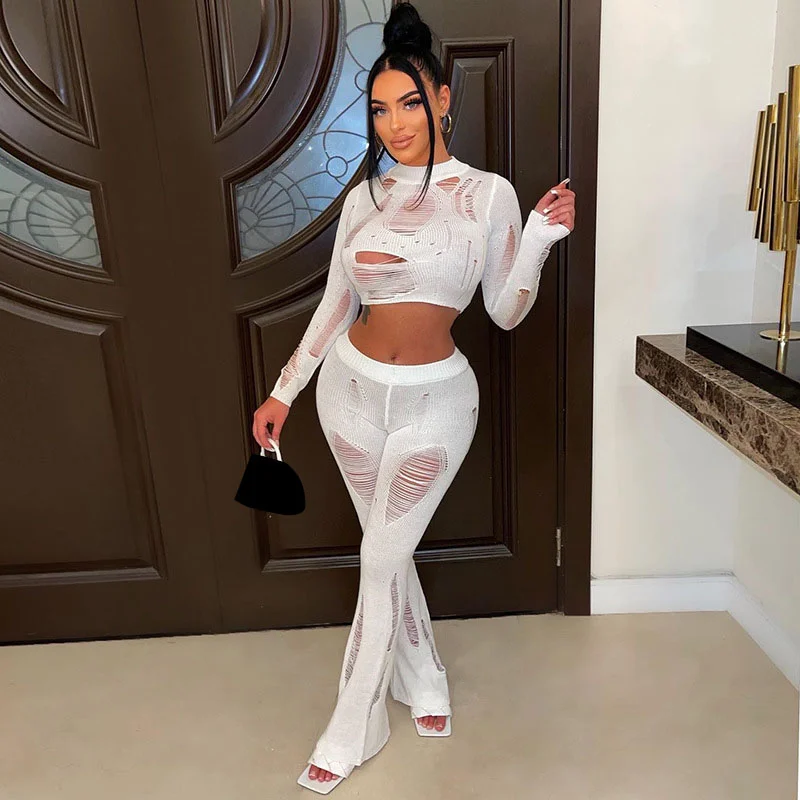 

WUHE Knit Ribbed Two Piece Set Ripped Cut out Hole Women's Set Long Sleeve Sweater and Flare Pants Suit Tracksuit Outfits