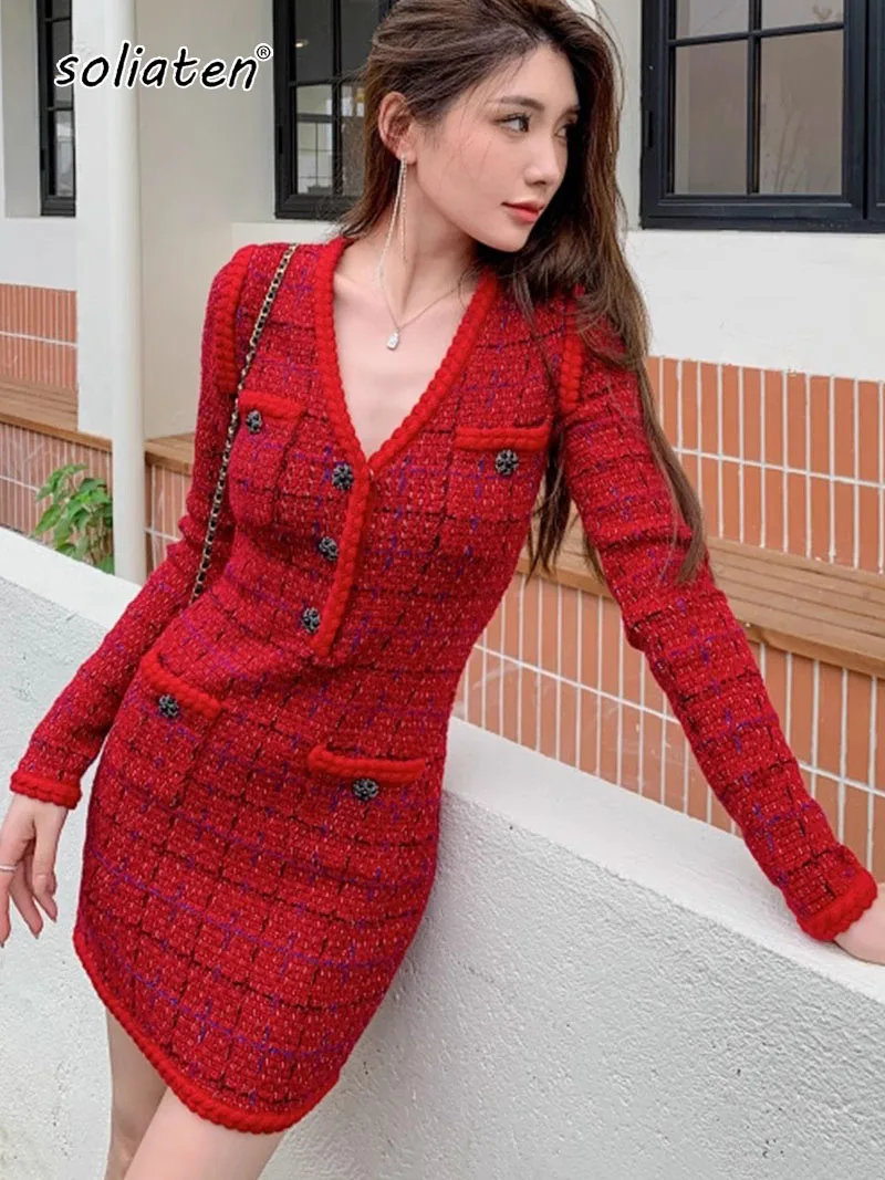 

2023 Новогоднее женское клетчатое красное платье с v-образным вырезом, удобное трикотажное повседневное офисное женское мини-платье на пуговицах, C-221