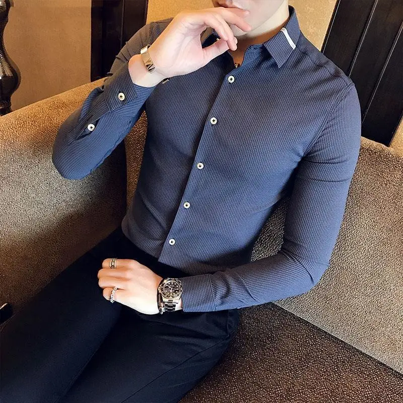 

Autumn 2022 New Solid Long Sleeve Dress Shirts Men Clothing Slim Fit Casual Formal Wear Office Tops Homme Hot Blouses A239