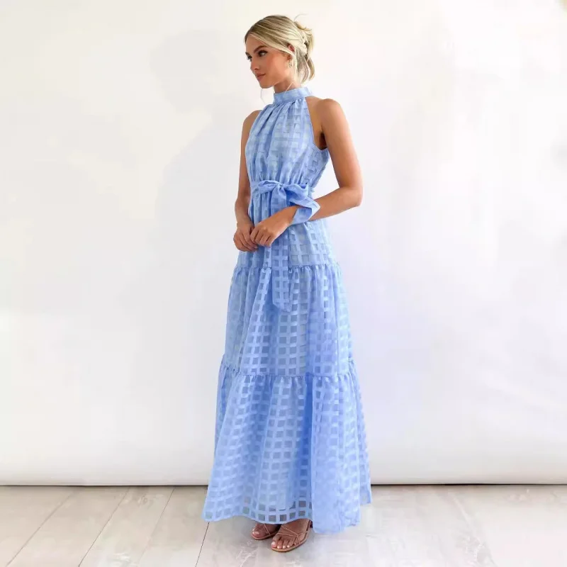 Новинка весна-лето 2024 модное однотонное платье с лямкой на шее повседневное