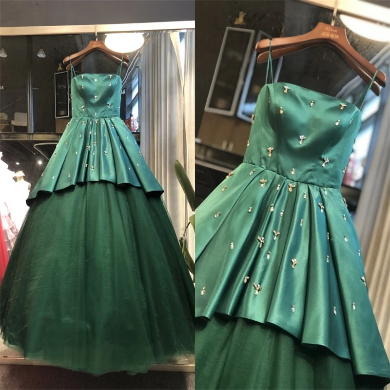 Зеленое Атласное Бальное Платье с бусинами без бретелек рукавов женское