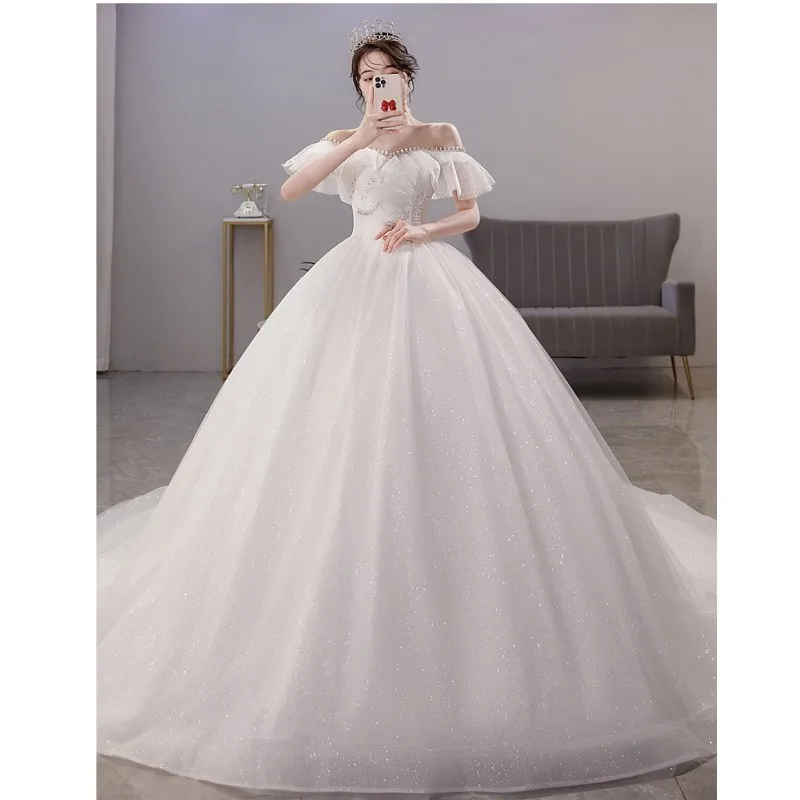 

Блестящие простые свадебные платья, бальное платье, элегантное классическое свадебное платье с открытыми плечами, нежное Тюлевое платье с бисером