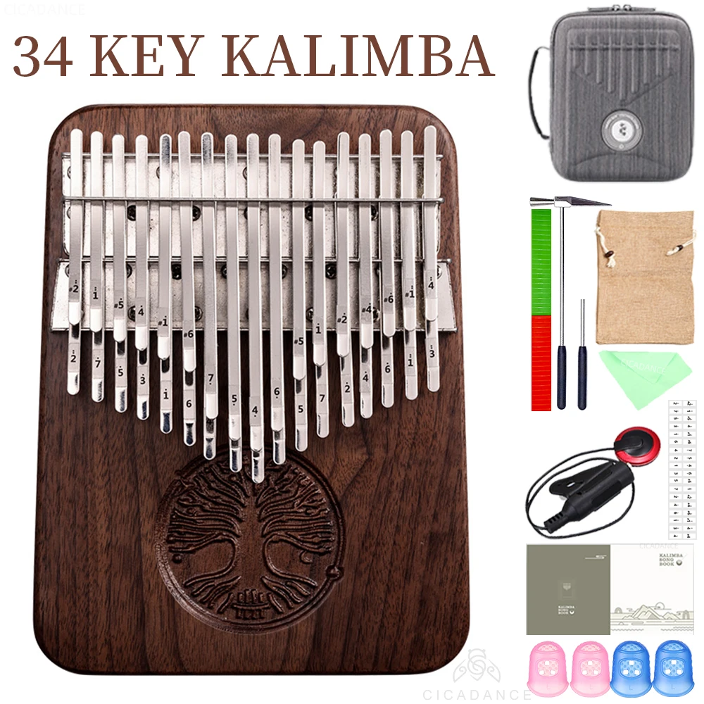 Хроматическое Двухслойное пианино Kalimba B/C, профессиональная клавиатура с черным орехом, 34 клавиши, с аксессуарами