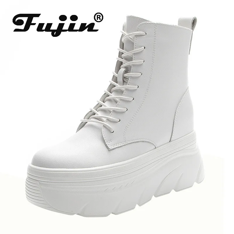 

Fujin 9cm Platform Wedge Chunky Sneakers Full Cow Genuine Leather Summer Autumn Mid Calf Boots Elegant Hidden Heel Women Shoes