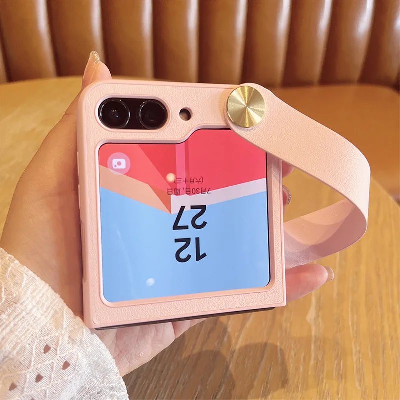 

Pure Color Leather Strap Phone Case for Samsung Galaxy Z Flip 5 4 3 Protective Cover for ZFlip5 Moto Razr 40 Ultra Case Shell