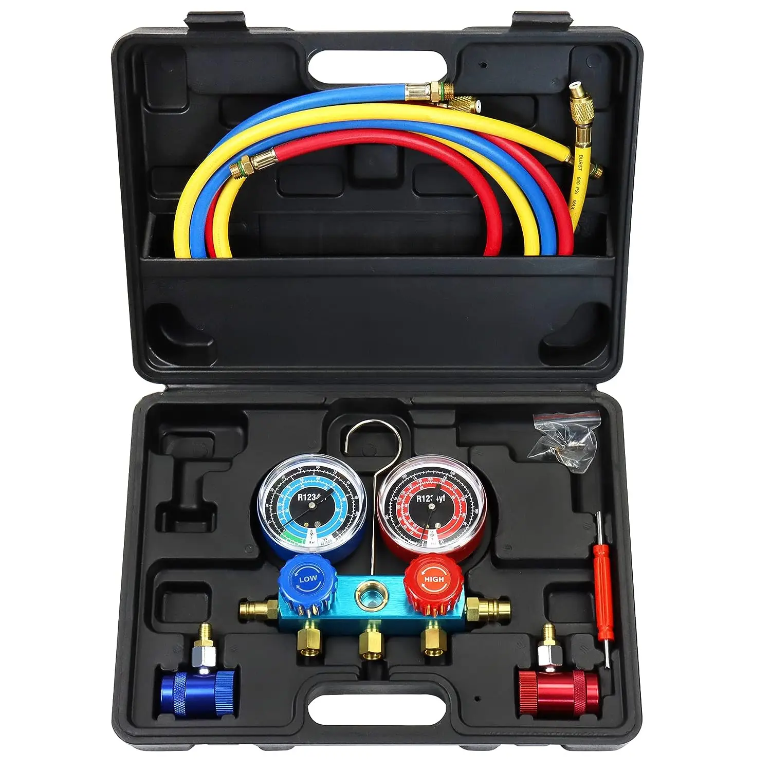 

R1234yf Manifold Gauge Set, 3 Way Car Air Conditioning 1234yf Refrigerant Recharge Tool Kit, with Hoses Quick Coupler Case, for