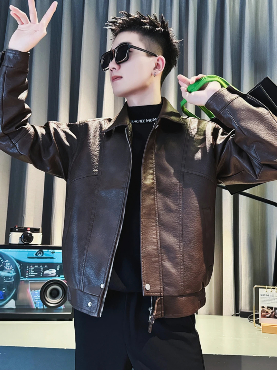 Pu Shuai Тяжее кожаное пальто Верхняя одежда Мужская весенне-осенняя модная