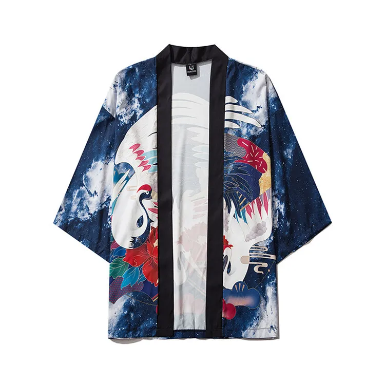 Crane Print Men 3/4 Sleeve Kimono Tao Robe Casual Cardigan Couple Rayon Hanfu Summer Chinese Underwear Home Bathrobe Shirts Coat