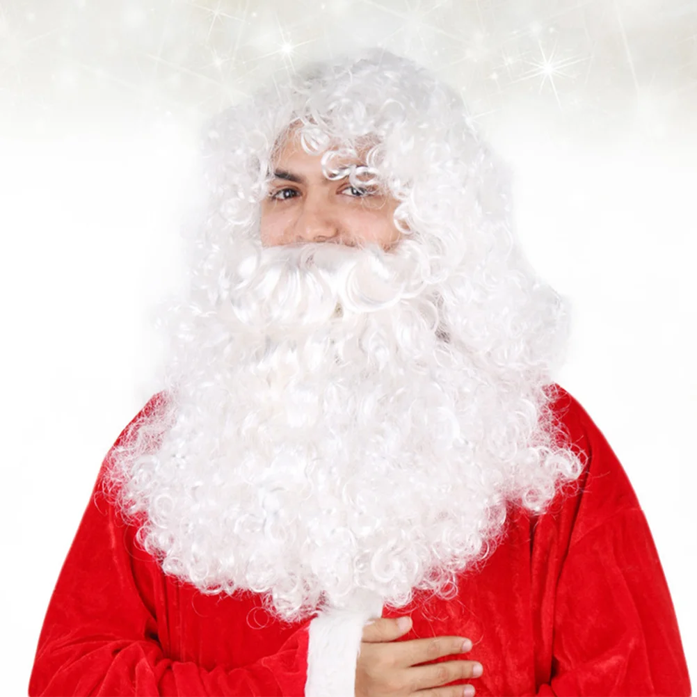

Santa Beard Claus Costume White Mask Christmas Props Fake Face Cosplay Headdress Hair Set Mustache Bread Party Curly Prop Facial