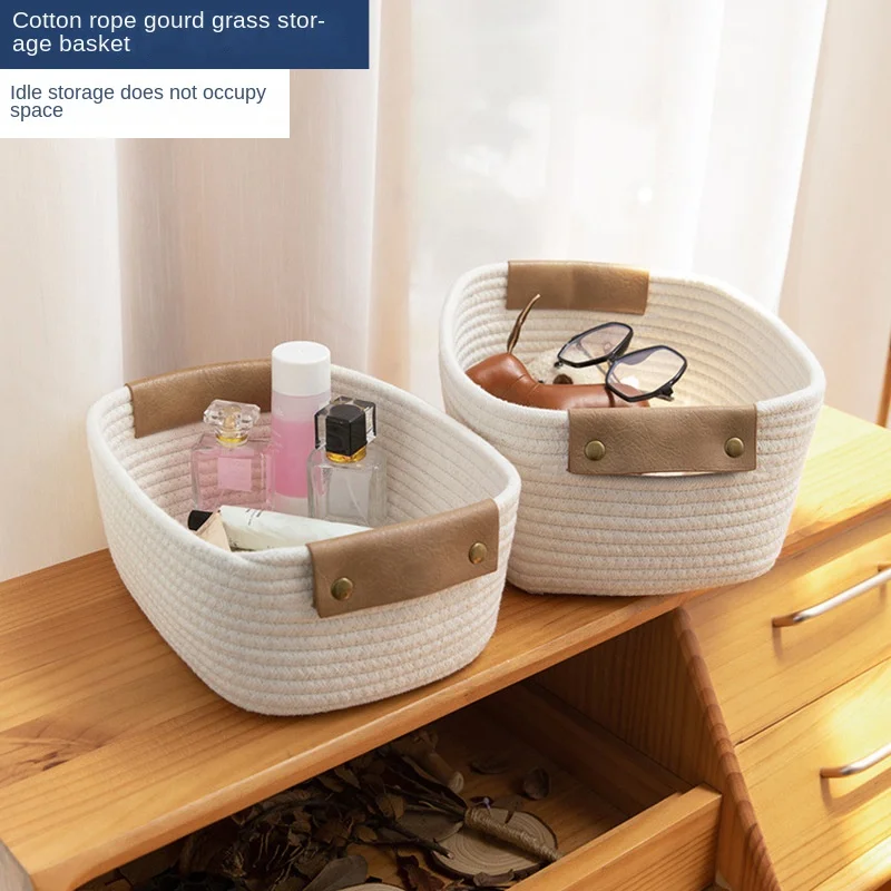 

storage bag[Futurism] Cross-Border Cotton String Weaved Storage Basket with Handle Desktop Storage Basket Foldable Cosmetics Sun