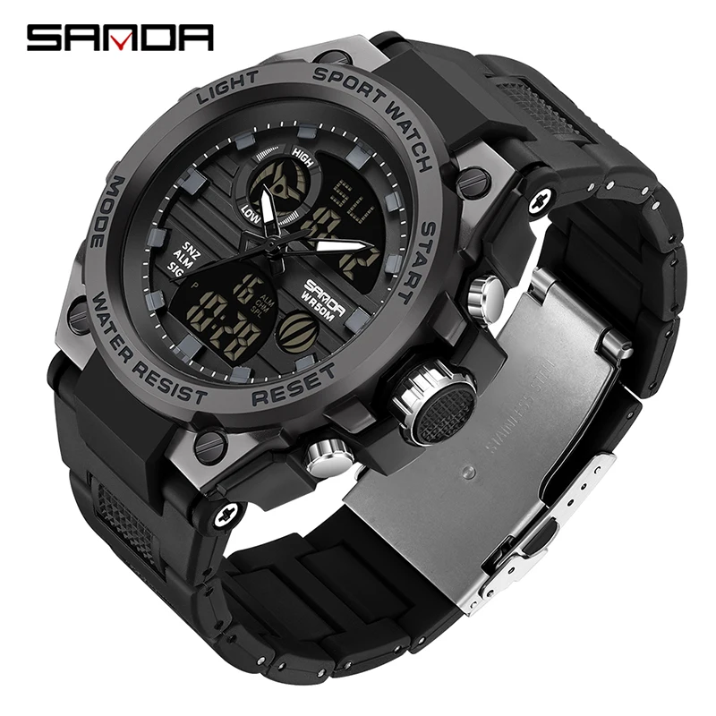 

SANDA Top Men Watches 50m Waterproof Sports Watch Stainless Clasp Military Man Sport Watch Dual Display Quartz Watch LED Digital