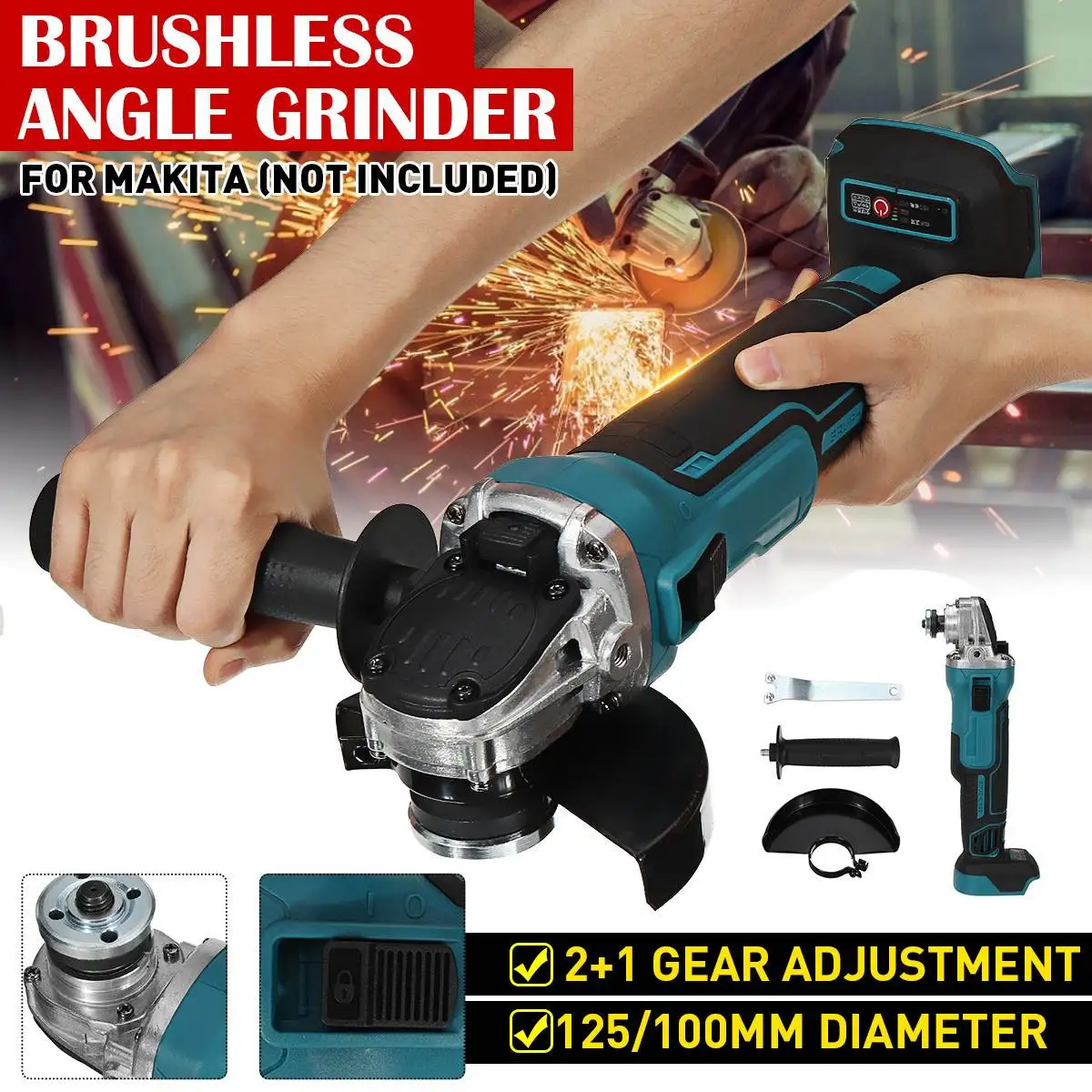 

125mm 3 Speed 800W Brushless Cordless Impact Angle Grinder For Makita 18V Battery Power Tool Cutting Machine Polisher