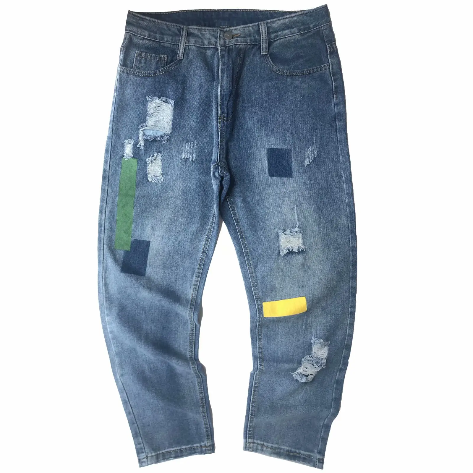 

Wholesale 2022 Denim Trousers Men Ripped Hole Patch Summer Korean Style Harajuku Casual Pants Streetwear Cowboy Students Jeans