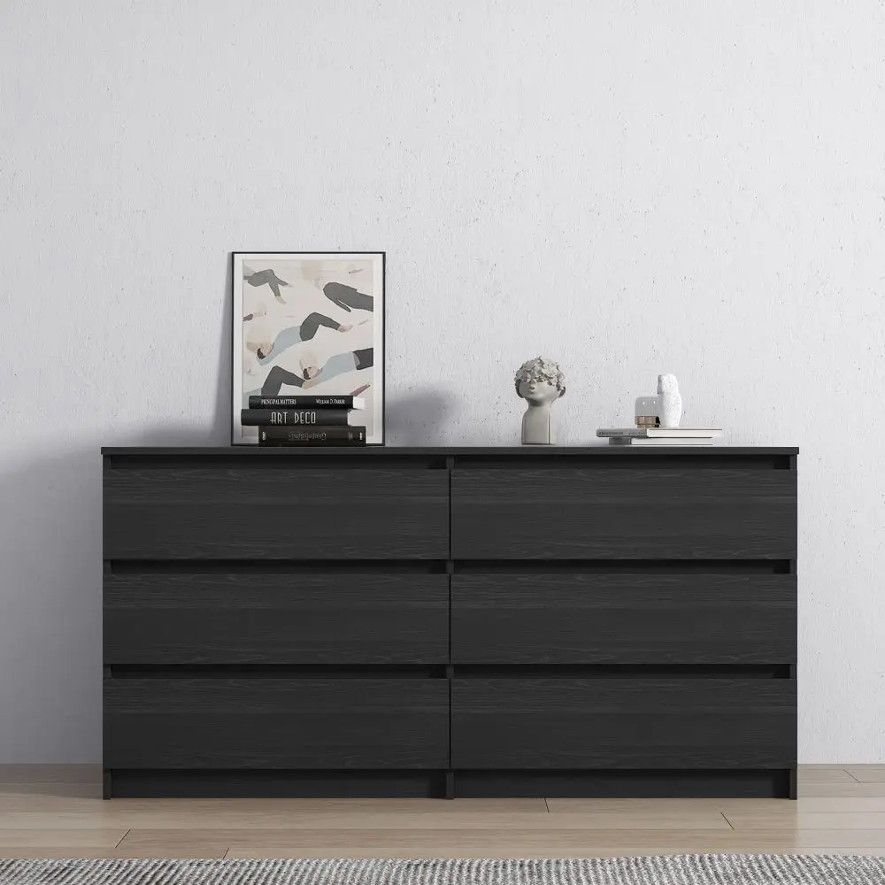 

Home Bedroom Square 6 Drawer Night Stands, Black Grain Wood