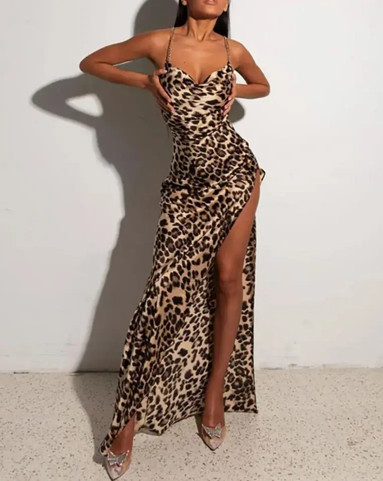 

Sexy Women Dresses 2022 Summer Cheetah Print Crisscross Backless Slit Dress Chain Decor Sleeveless Cowl Neck Maxi Evening Dress