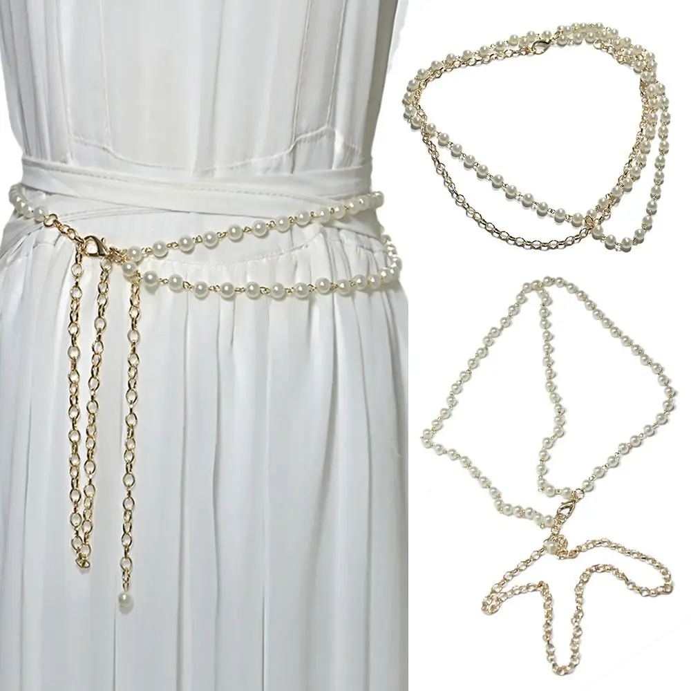 

Women Casual Decorative Jewelry Party Thin Chain Waistband Trouser Dress Belts Elegant Pearl Belt Waist Strap