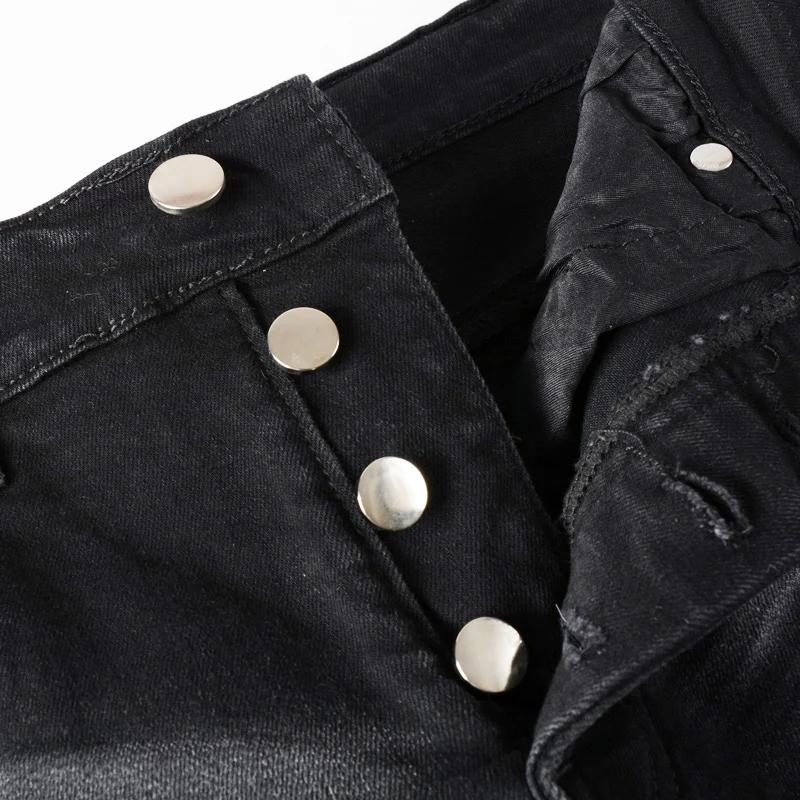 High Street Fashion Men Jeans Retro Black Gray Stretch Skinny Ripped Jeans Men Buttons Fly Patch Designer Hip Hop Brand Pants