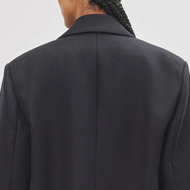 Классическое темно-синее Женское шерстяное пальто-двубортное зимнее теплое