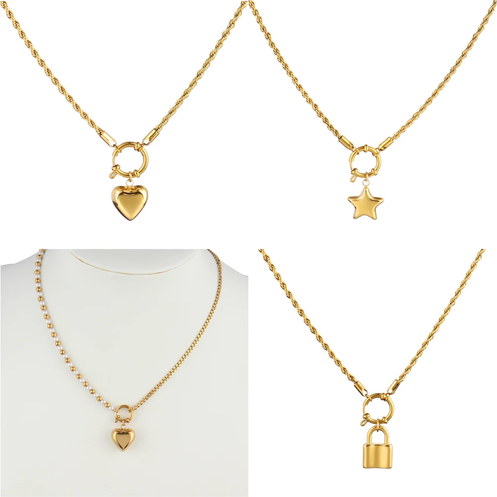 

Punk Stainless Steel Necklace Pearl For Women Hollow Heart Necklace Pendant Twist Chain Lock Necklace Women Jewelry Gift
