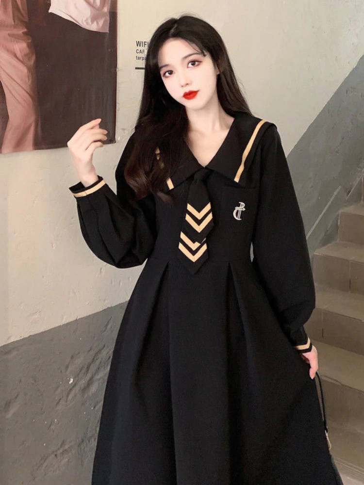 

Spring Autumn Dresses Oversized Embroidery Sailor Collar Vintage Preppy Style Dress Pleated High Waist Female Slim Vestidos