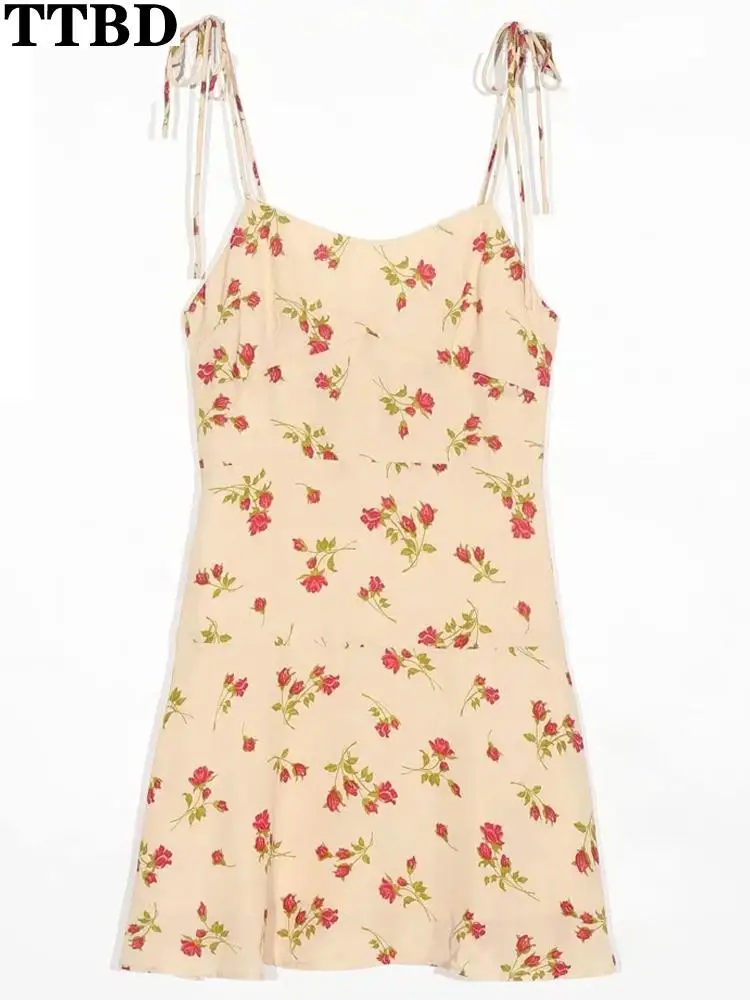 

TTBD vestido elegante mujer 2022 french floral print mini dress traf vintage backless thin straps female dresses vestidos