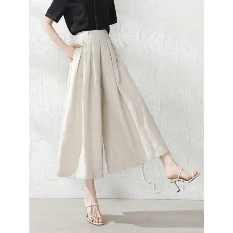 

Summer Women's Wide-leg Pants Loose Trouser Skirt Casual Straight All-match Cotton Linen Green Women's Nine-point Pants