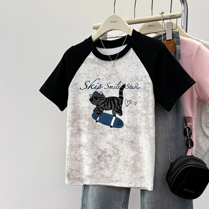 2024 летняя новая женская футболка с коротким рукавом и цветными блоками топ