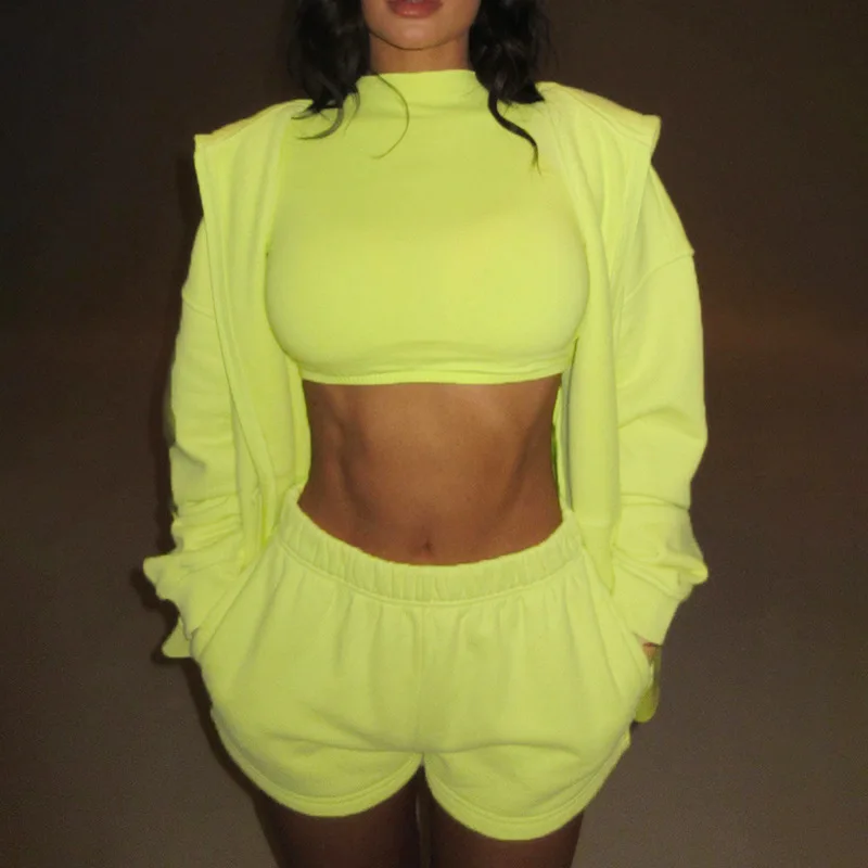 Женский спортивный костюм из двух предметов флуоресцентный зеленый короткий топ