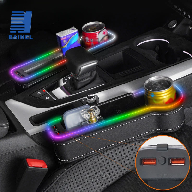 

Colorful Ambient Light Seat Crevice Storage Box Dual USB Fast Charging Phone Bottle Holder Seat Gap Organizer for Car Accessorie