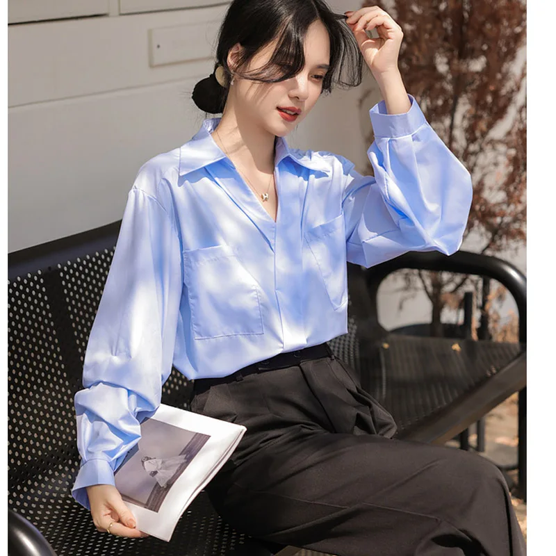 Модная женская блузка с отложным воротником белая длинным рукавом рубашка