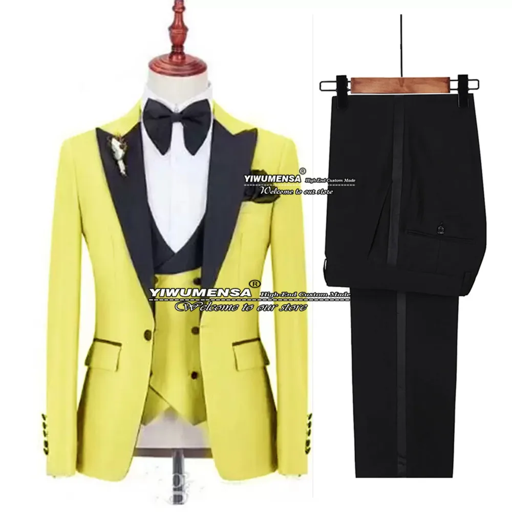 

Классические желтые мужские облегающие костюмы, черный пиджак с отложным воротником, жилет и брюки, деловые костюмы из 3 предметов, свадебный смокинг для выпусквечерние вечера, 2022