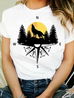 wolf compass printed o neck short sleeves white t shirts womens clothing ladies tshirt for woman simple young girls tops tees