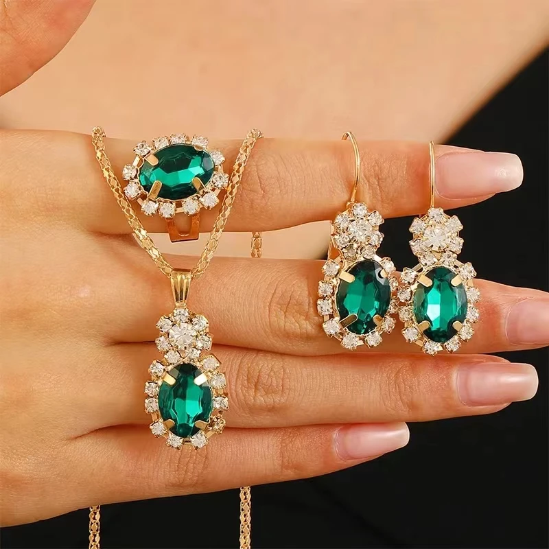 Элегантный Комплект Ювелирных Изделий Из 3 Предметов В Форме Зеленой Капли С