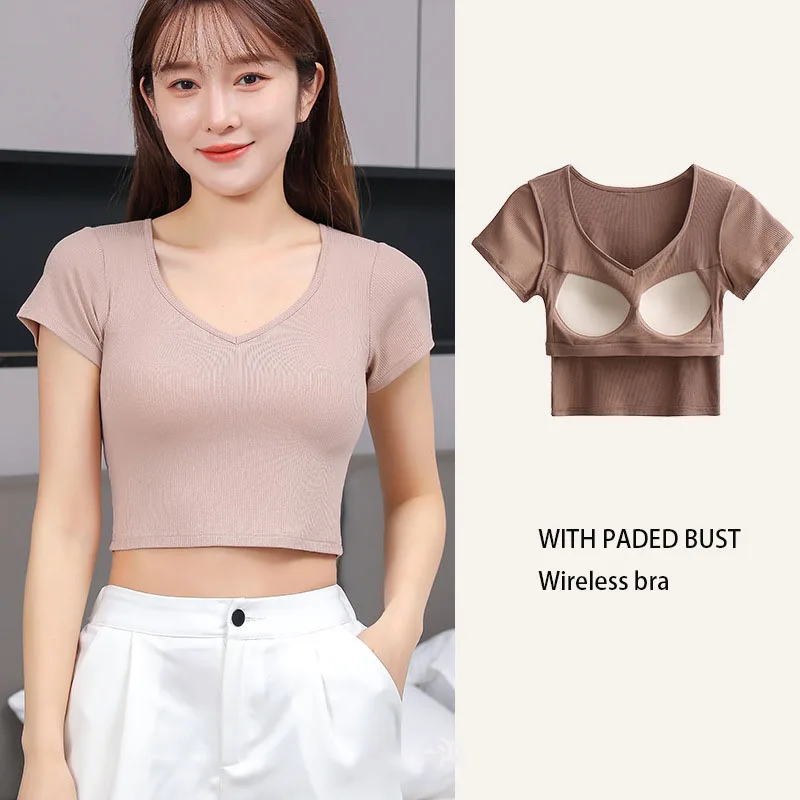 Женская футболка в рубчик короткий топ с коротким рукавом и бюстгальтером без
