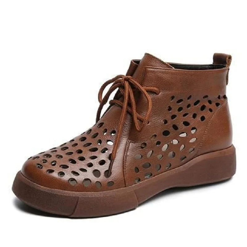 Trendy Woman's Retro Boots Casual Female Split Leather Hollow Out Shoes for 2023 women Summer Cutout Lace Up Ankle Booties