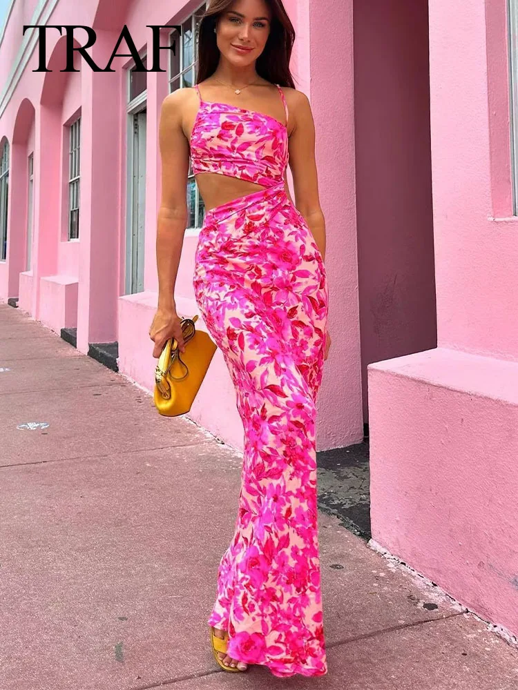 

Летнее женское платье-футляр TRAF с принтом, элегантное облегающее платье на бретельках с вырезами и диагональным воротником, длинное платье